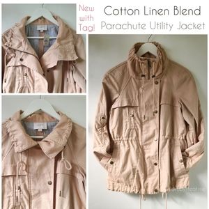 Parachute Utility Jacket Anorak, Cotton/ Linen Khaki Beige, LOFT, New with Tag